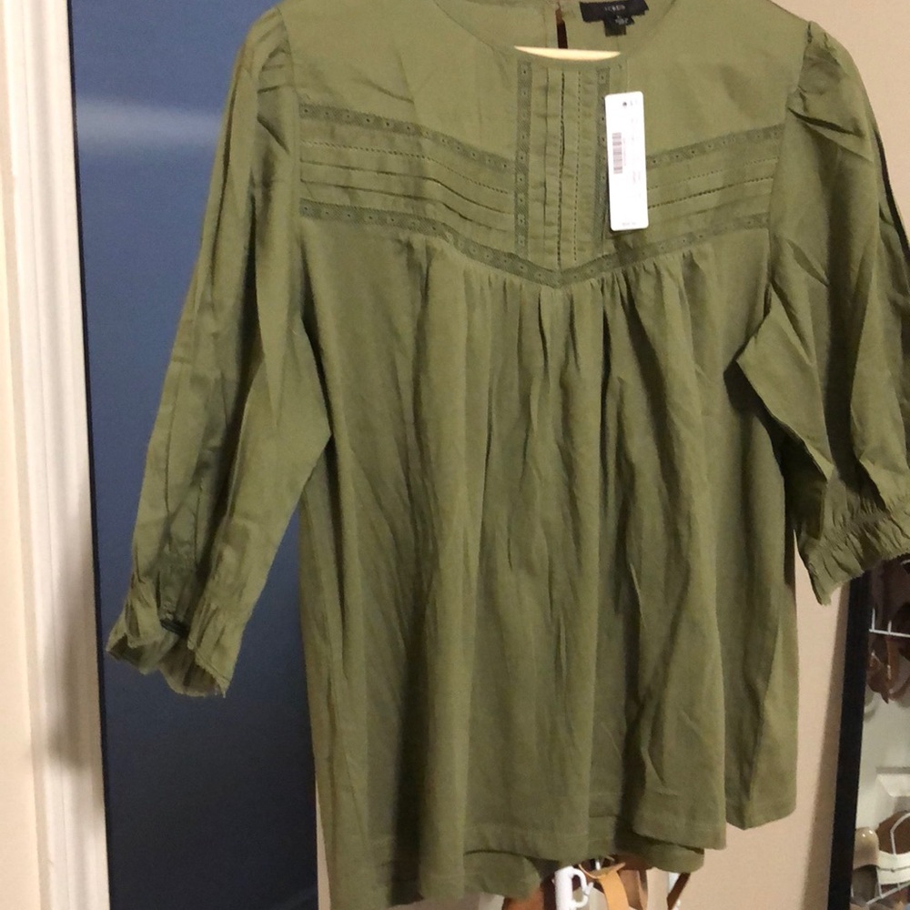 J. Crew Olive Green Pintuck Peasant Top